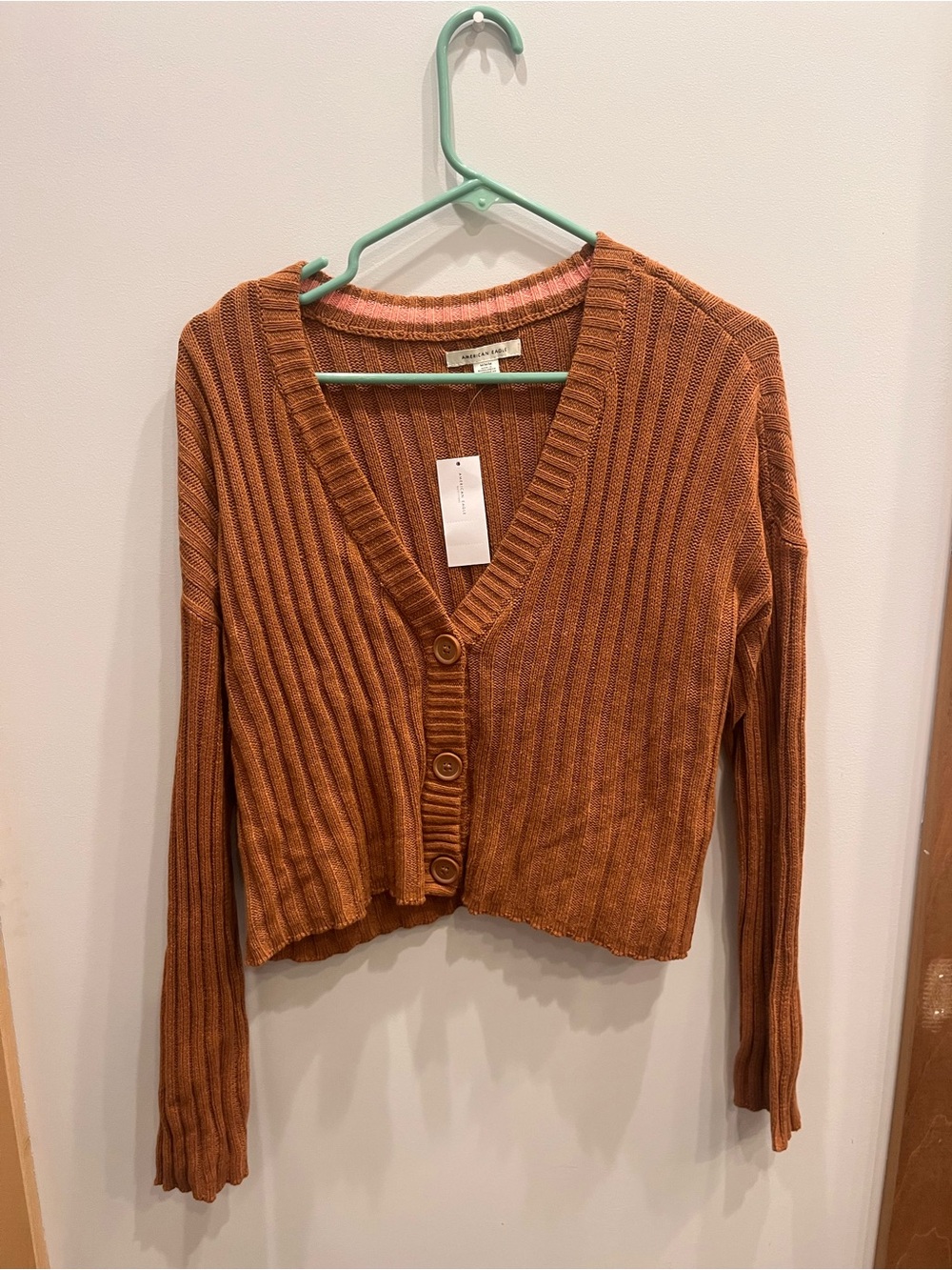 American Eagle Outfitters Cropped Ribbed Cardigan - Burnt Orange
